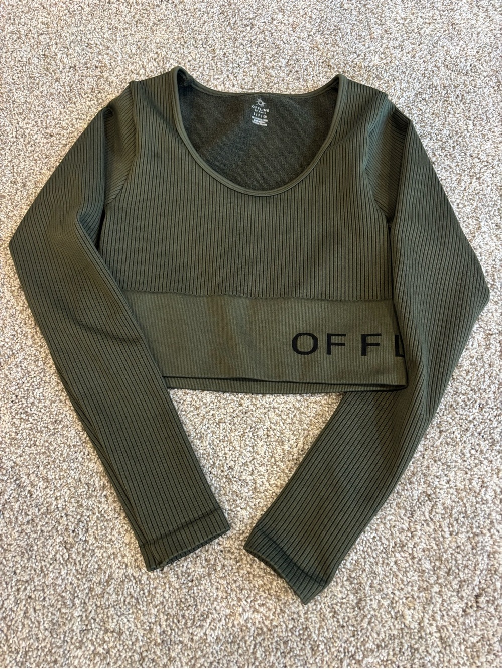 OFFLINE BY AERIE Ribbed Olive Green Long Sleeve Crop Top & Legging Set - Picture 3 of 6